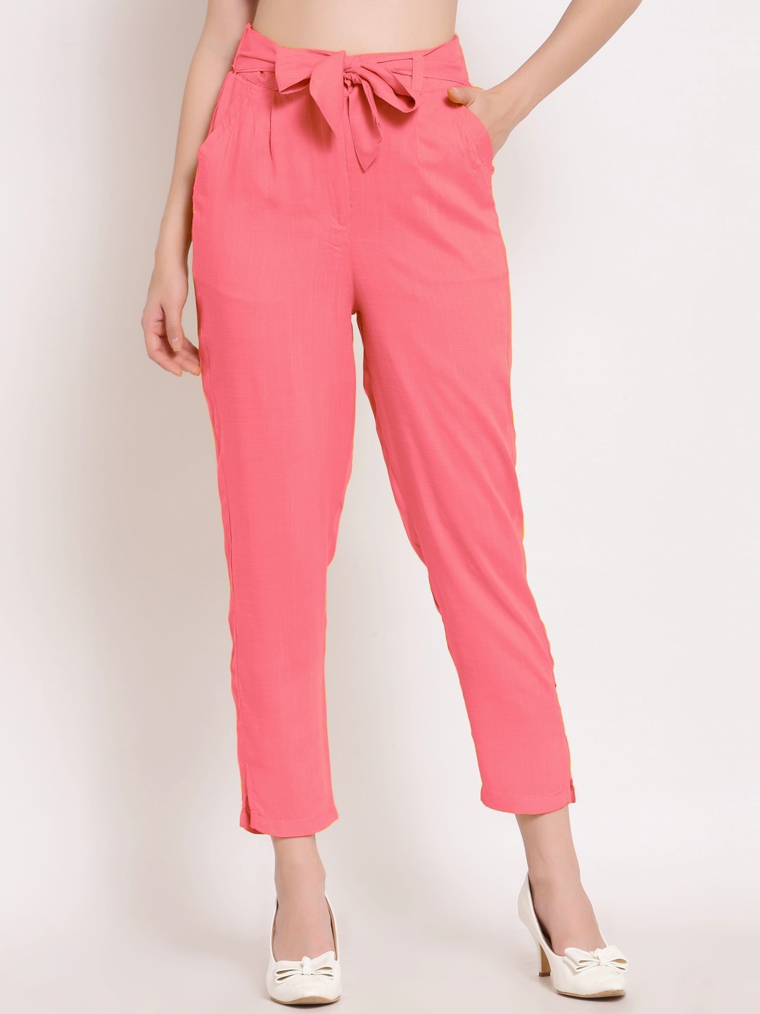 

PATRORNA Women Smart Slim Fit Pleated Trousers, Pink