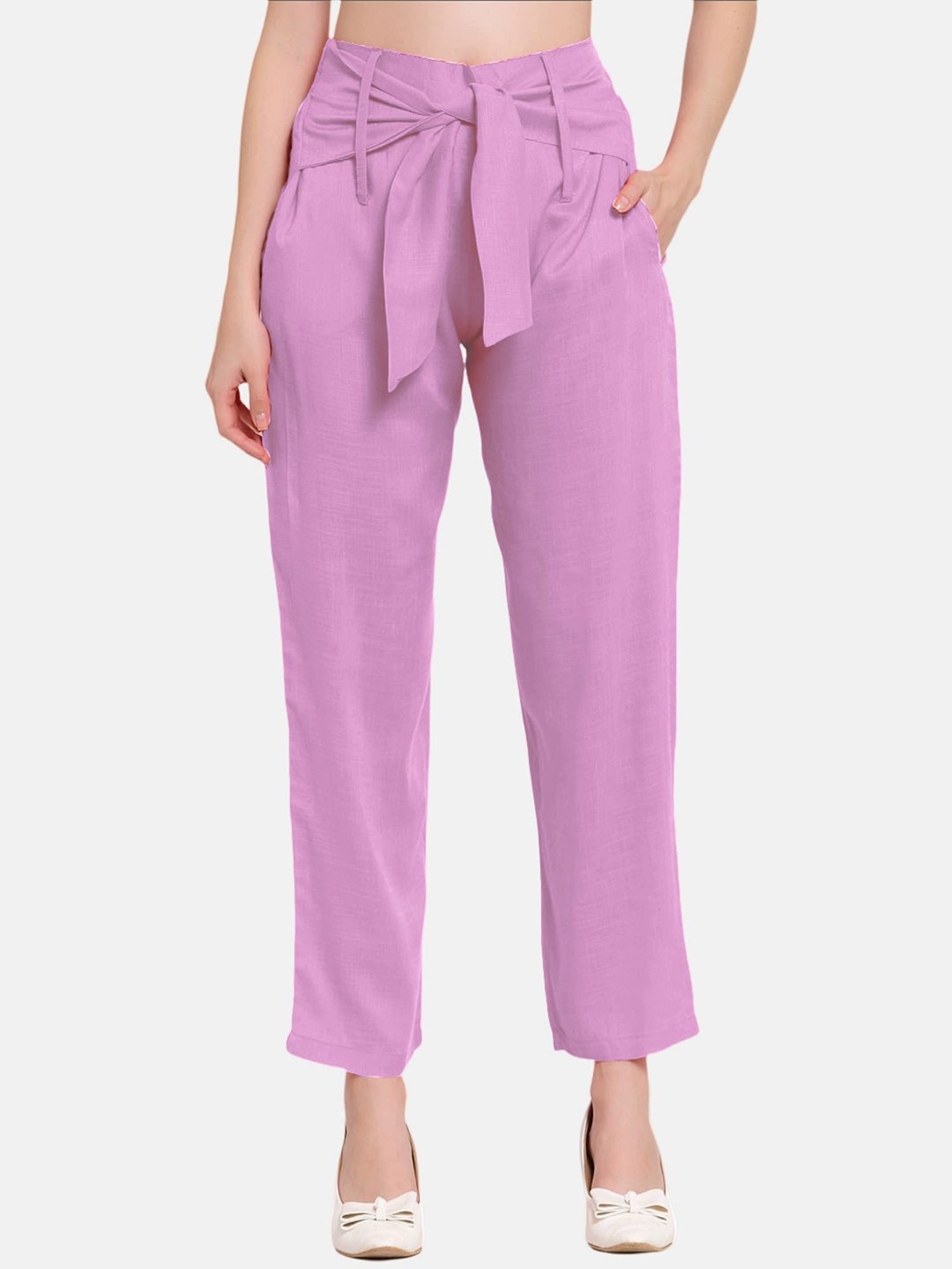 

PATRORNA Women Smart Pleated Cotton Trousers, Pink