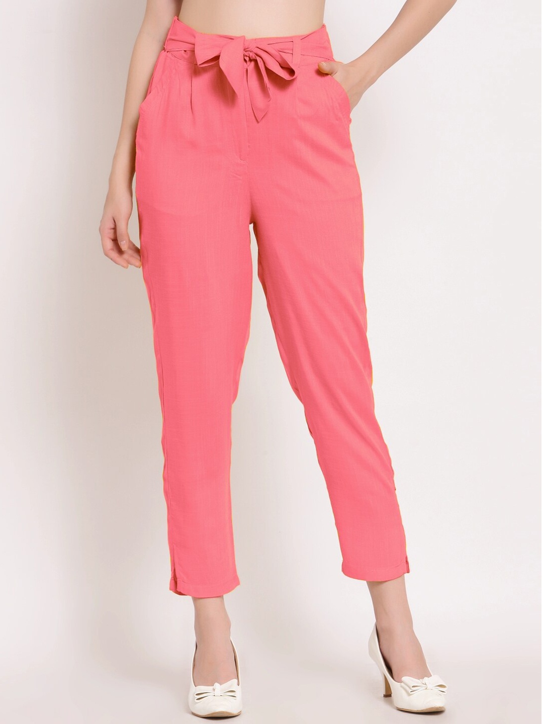 

PATRORNA Women Smart Slim Fit Pleated Trousers, Pink