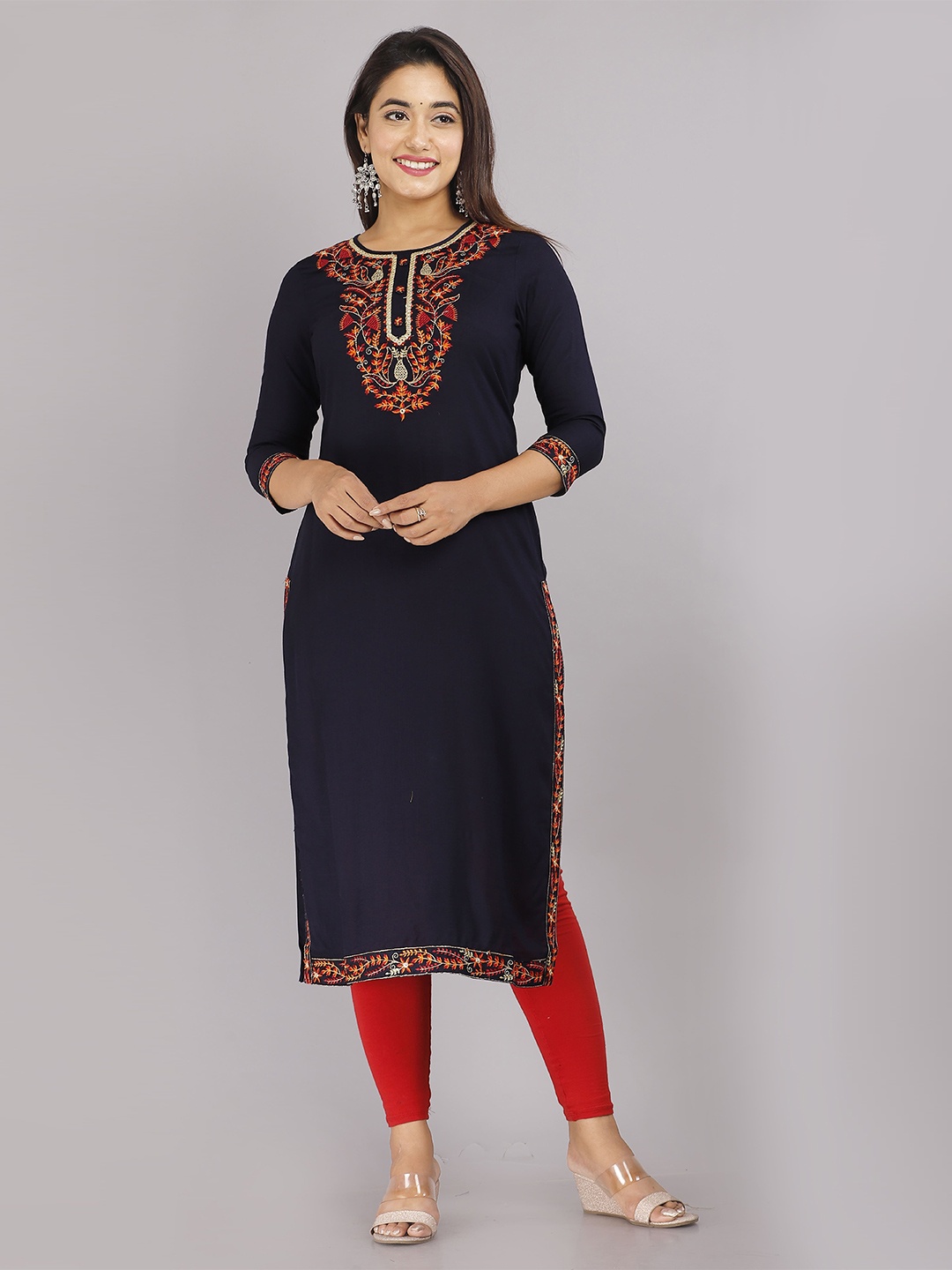 

KALINI Yoke Design Embroidered Straight Kurta, Blue