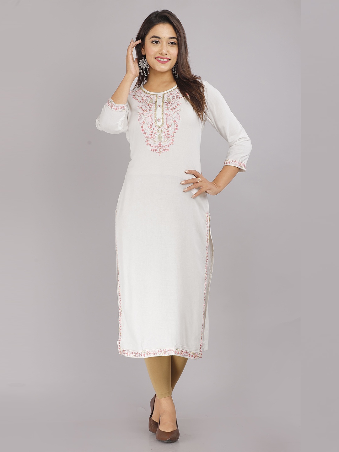 

KALINI Floral Yoke Design Embroidered Straight Kurta, White