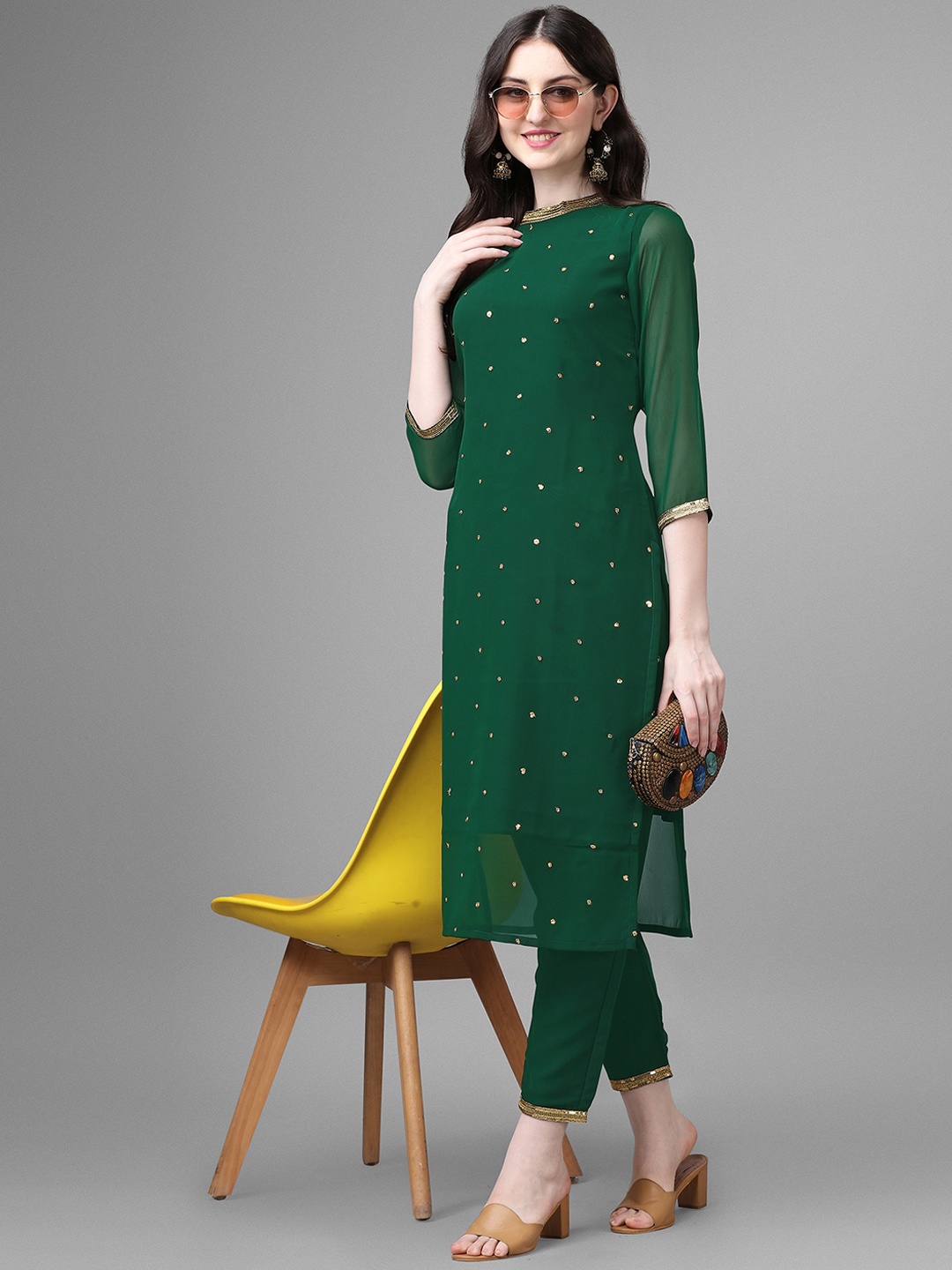 

GORGONE Georgette Sequence Embroidery Kurta, Green