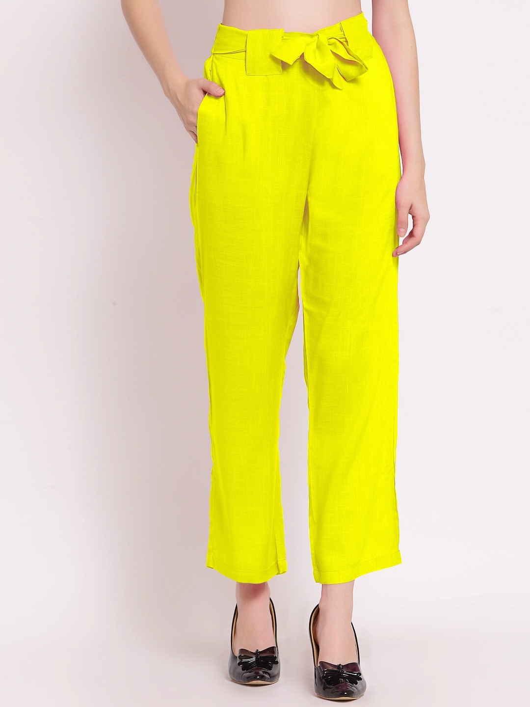 

PATRORNA Women Smart Straight Fit Pleated Trousers, Yellow