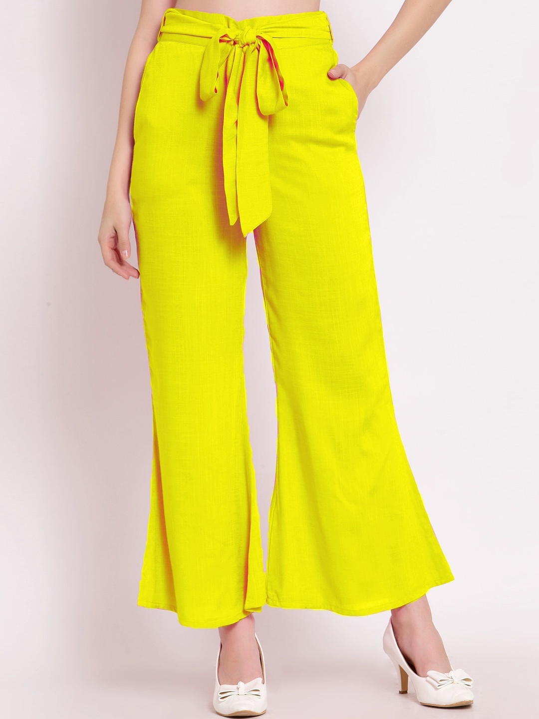 

PATRORNA Women Plus Size Mid-Rise Smart Straight Plain Bootcut Trousers, Yellow