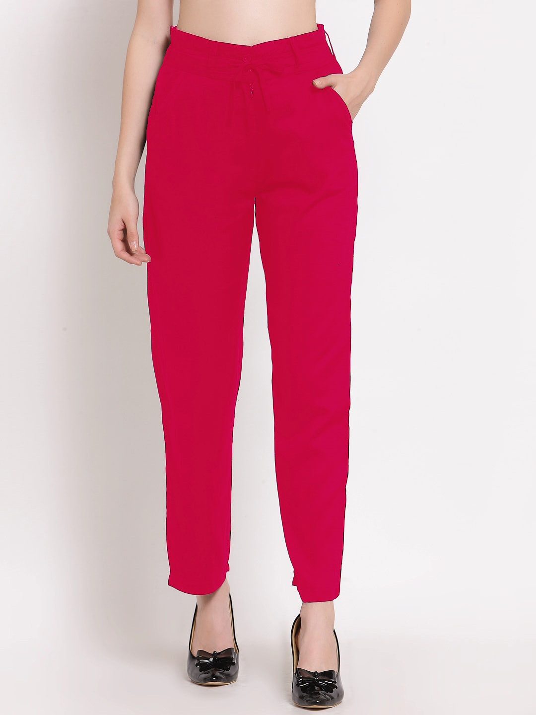 

PATRORNA Women Smart Mid Rise Slim Fit Cotton Trousers, Red