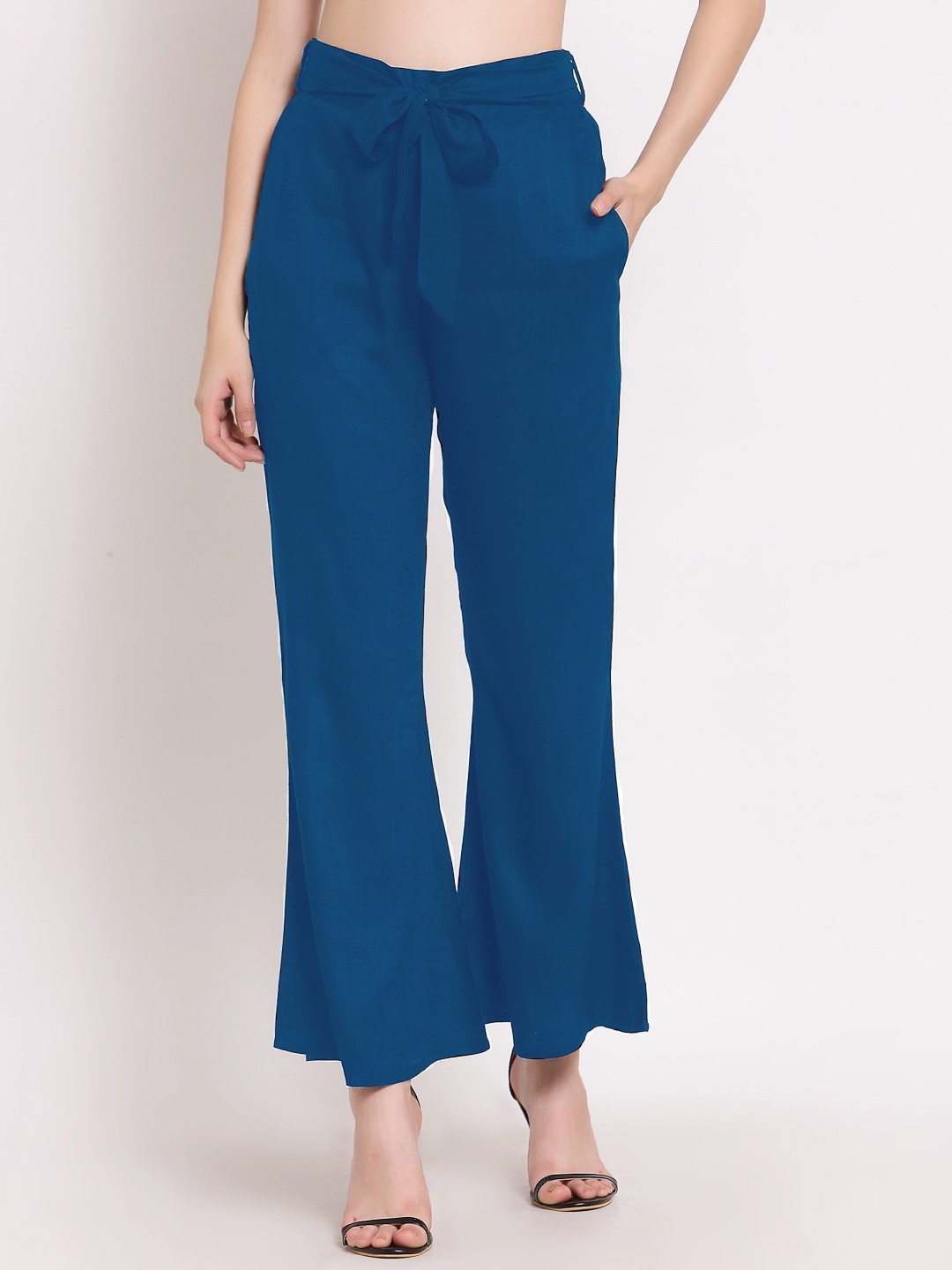 

PATRORNA Women Smart Mid-Rise Bootcut Trousers, Blue