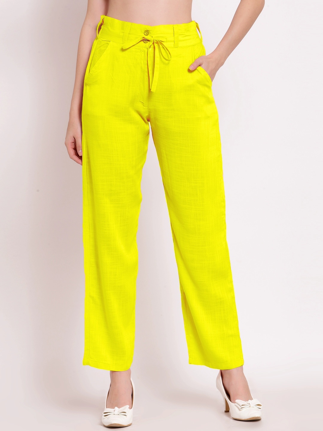 

PATRORNA Women Smart Regular Fit Cotton Trousers, Yellow