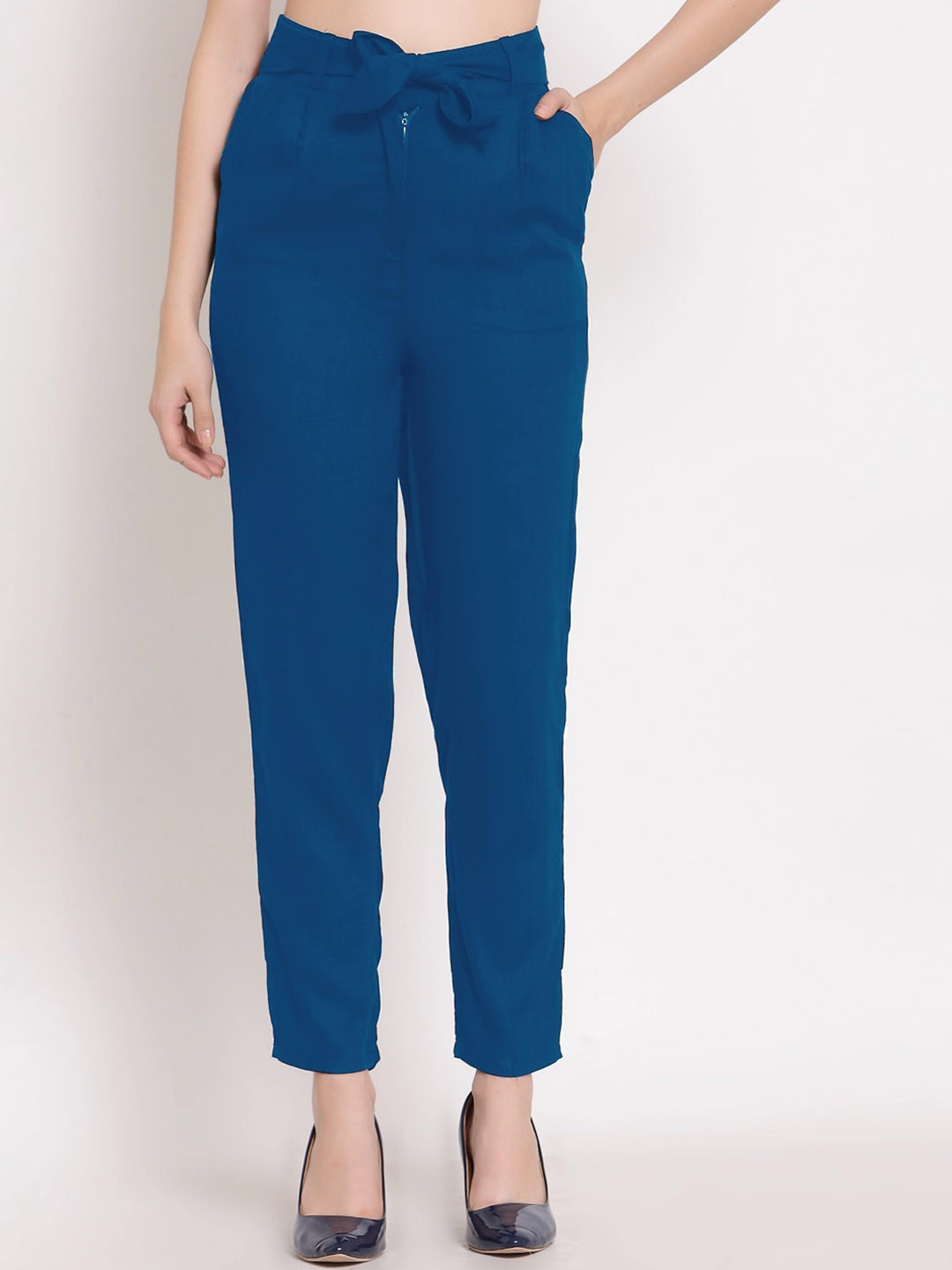 

PATRORNA Women Smart Mid Rise Slim Fit Cotton Trousers, Blue