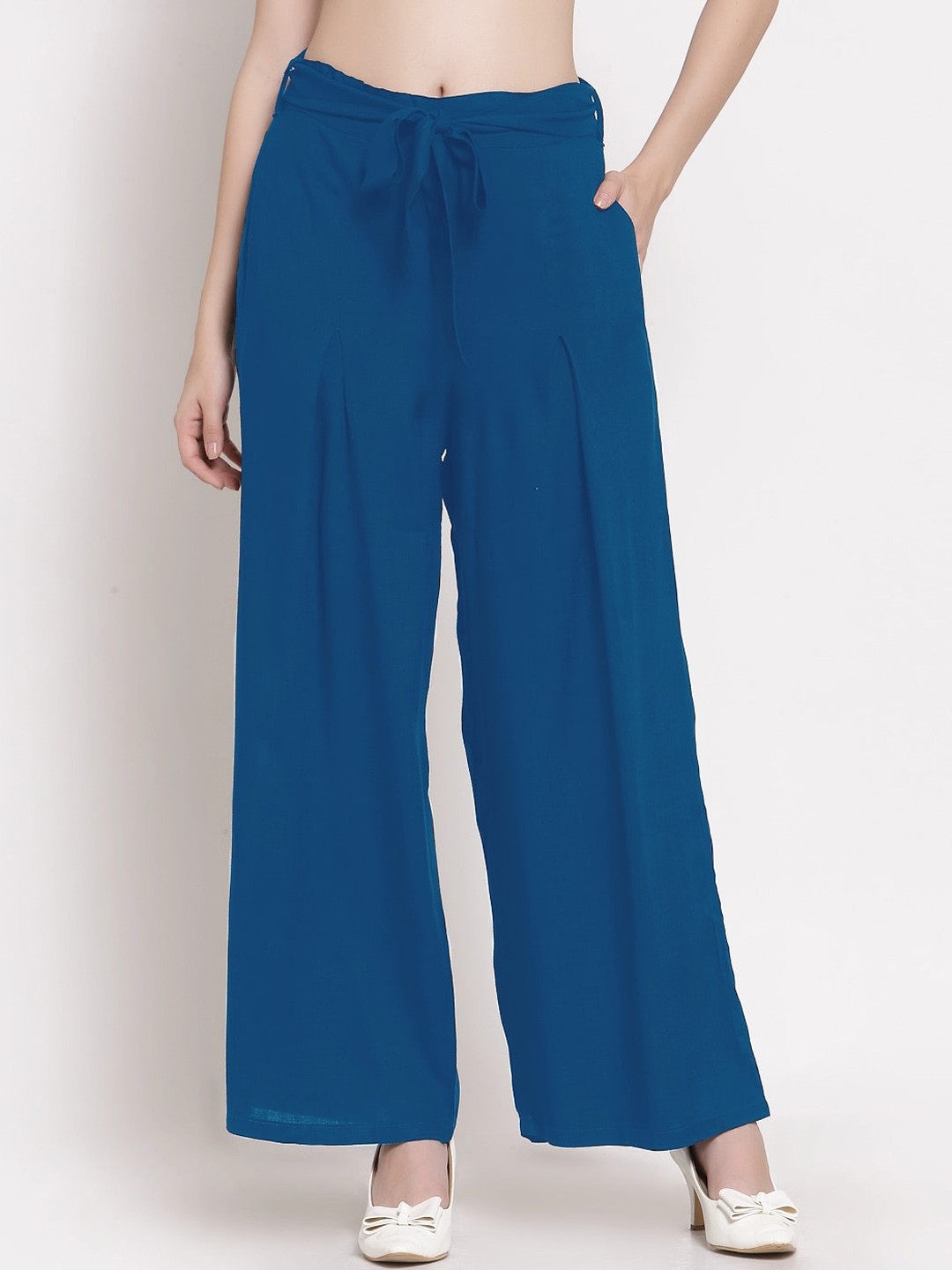 

PATRORNA Women Plus Size Mid-Rise Smart Loose Fit Plain Parallel Trousers, Blue