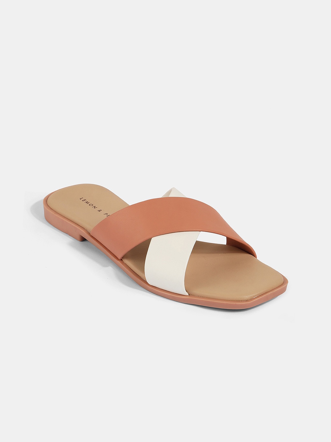 

LEMON & PEPPER Colourblocked Cross Strap Open Toe Flats, Peach