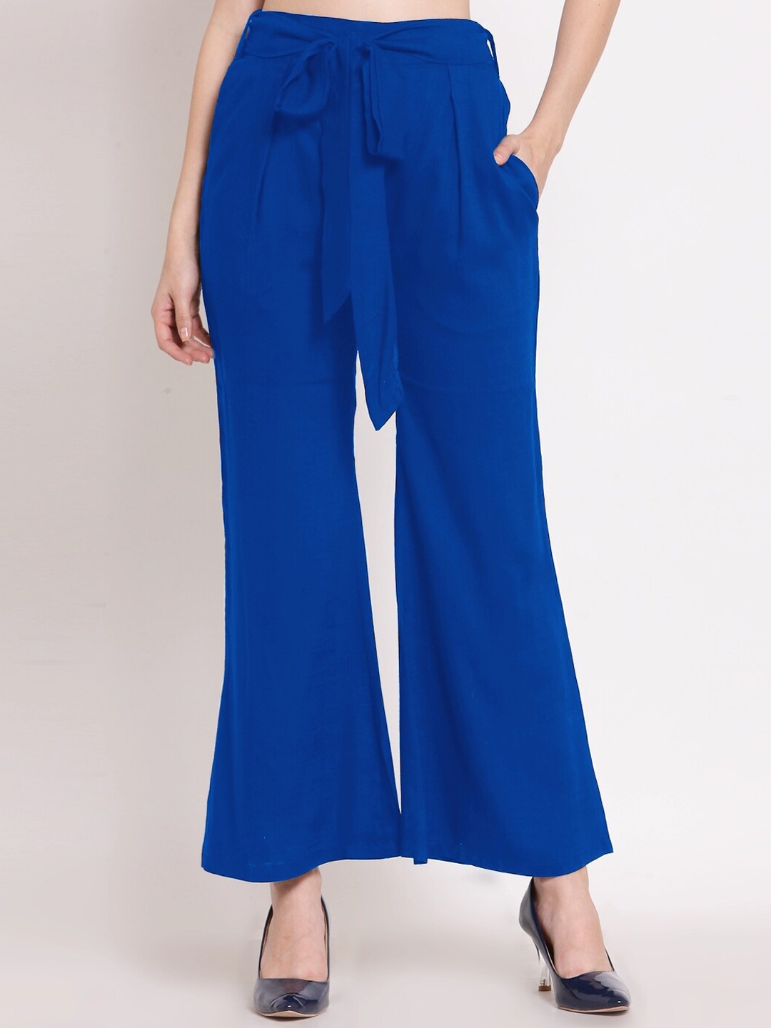 

PATRORNA Women Smart Mid-Rise Bootcut Trousers, Blue