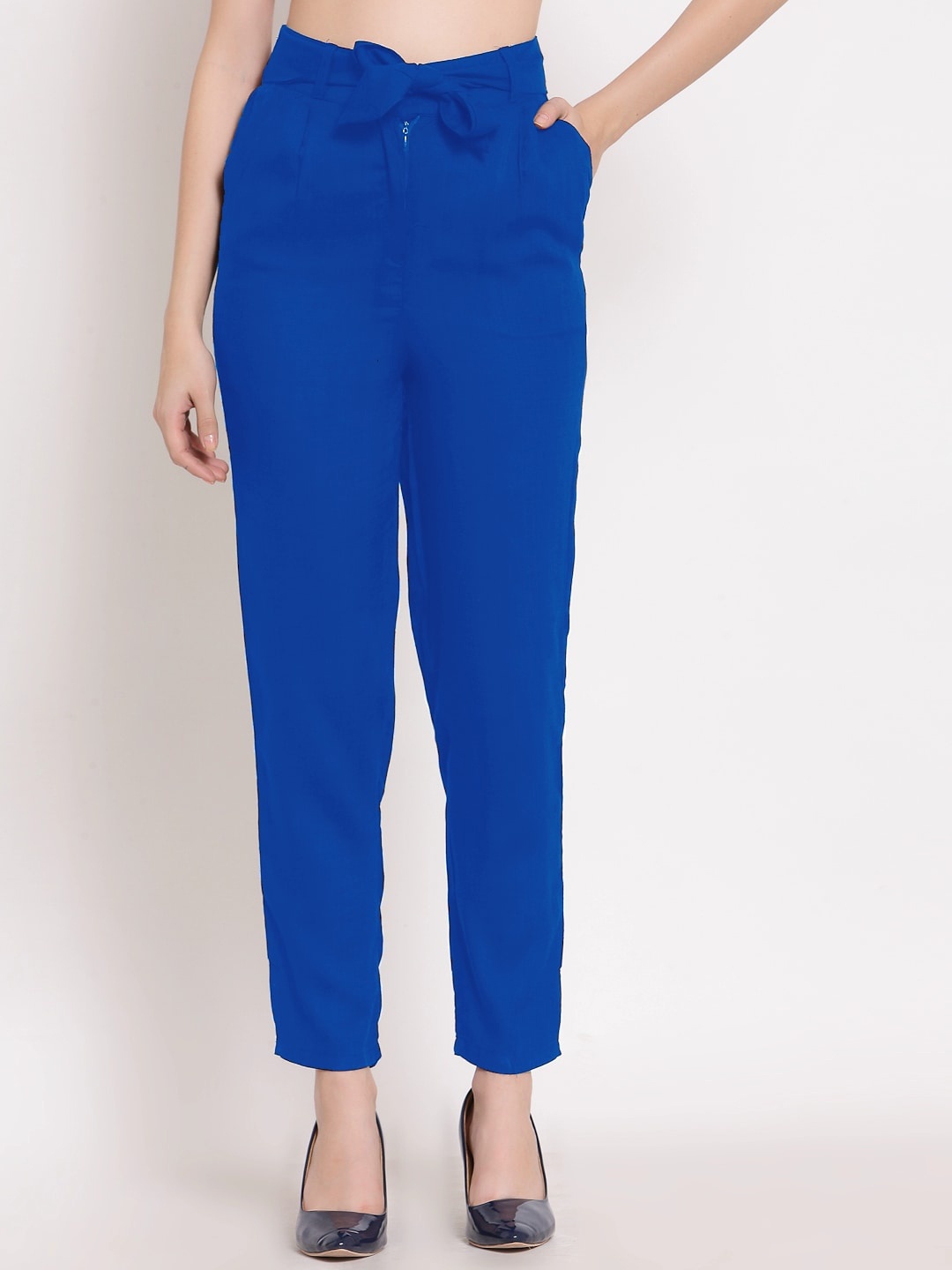 

PATRORNA Women Smart Slim Fit Cotton Cigaratte Trousers, Blue