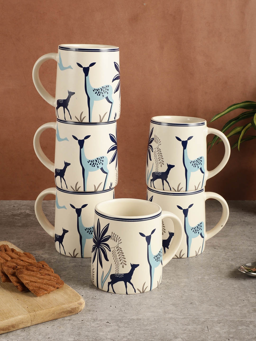 

MIAH Decor Cream-Coloured & Blue 6 Pieces Printed Ceramic Matte Mugs-350ml Each