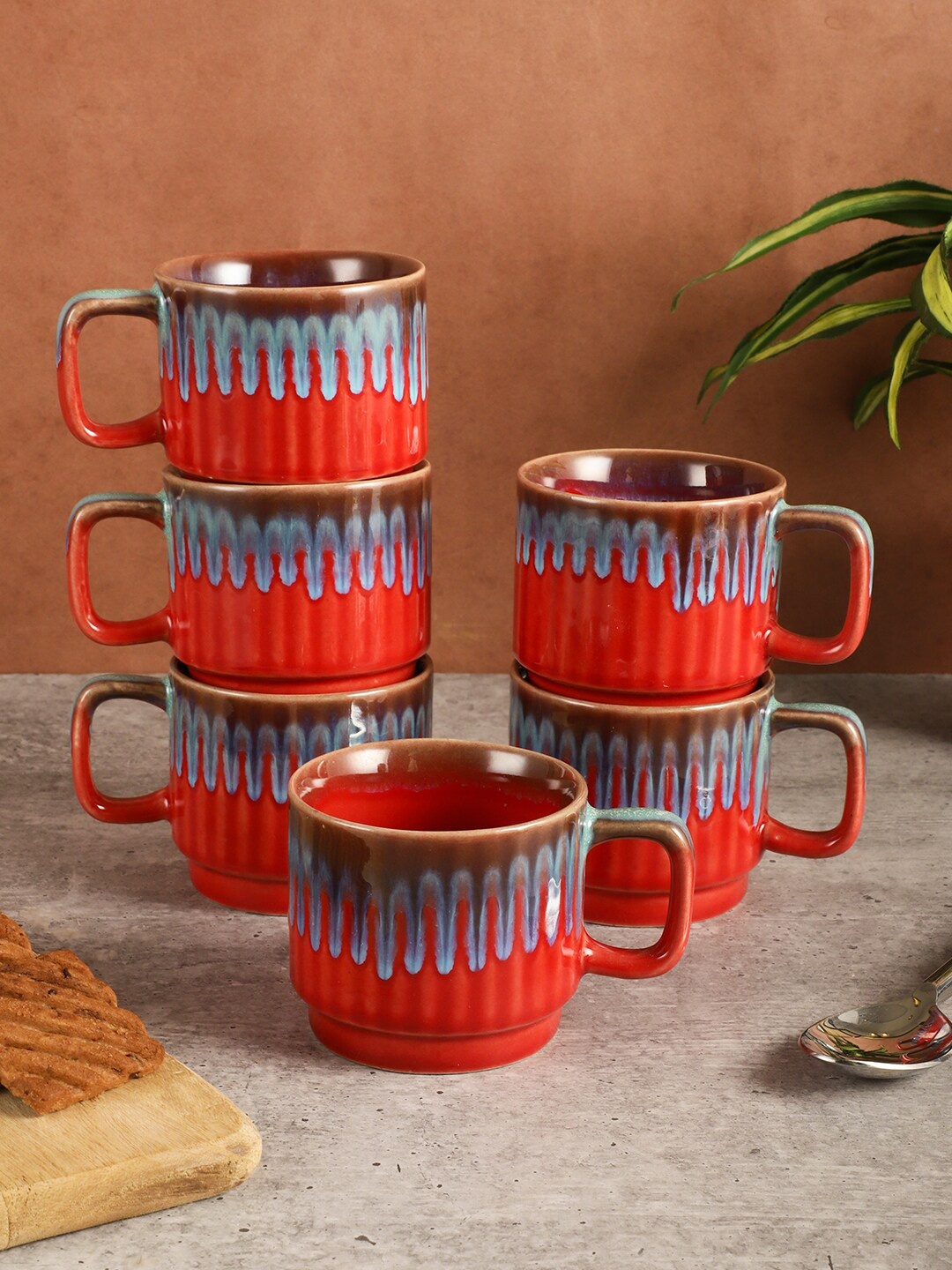 

MIAH Decor Red & Blue 6 Pieces Textured Ceramic Glossy Cups -200ml Each