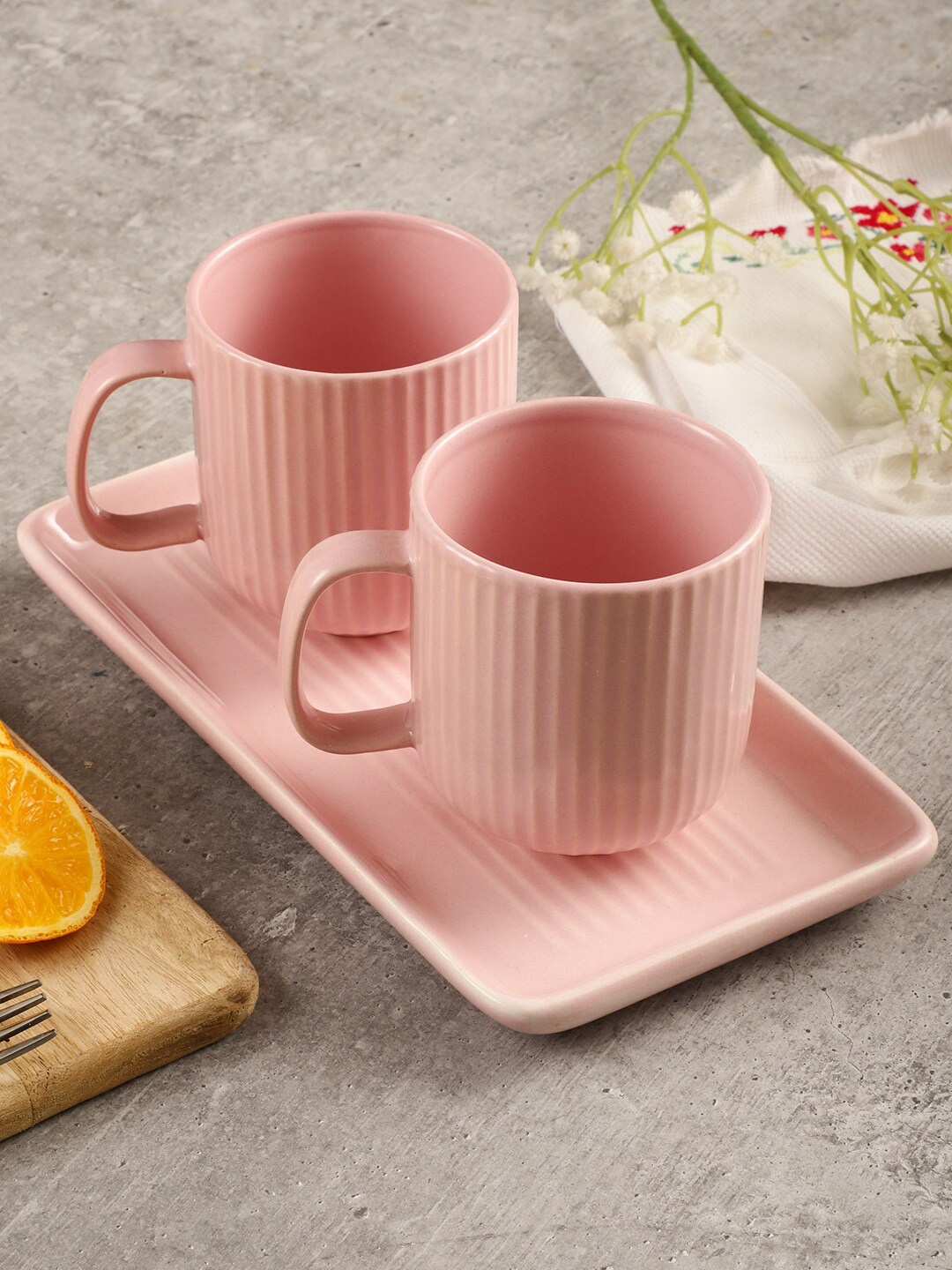 

MIAH Decor Pink 3 Pieces Textured Ceramic Glossy Mugs With Serving Platter - 310 ml Each