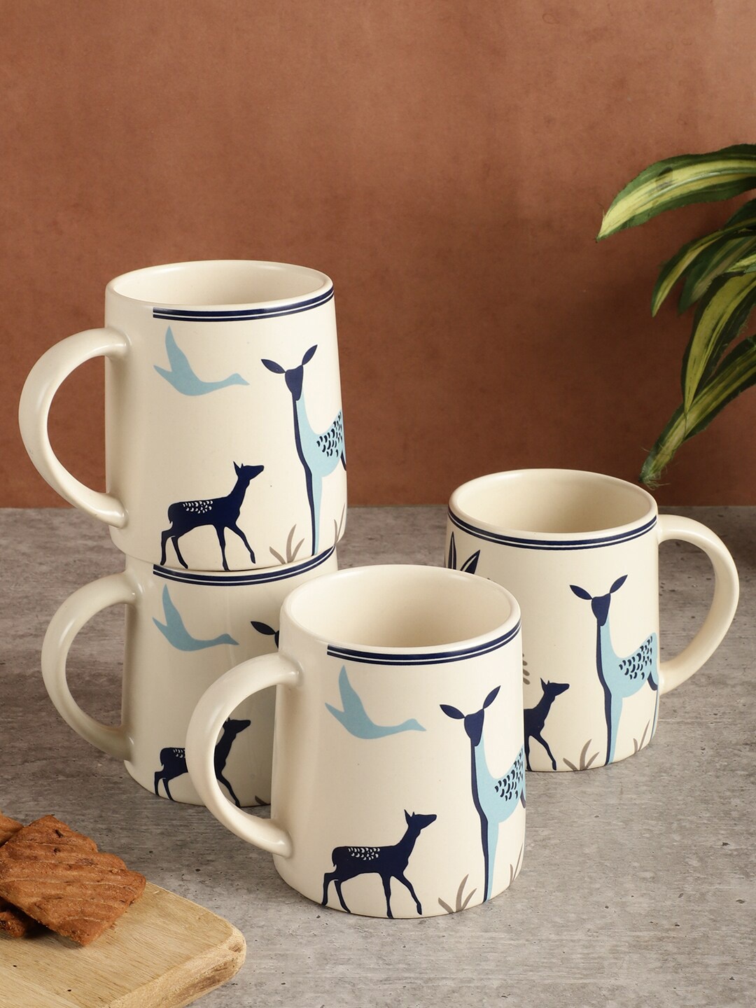 

MIAH Decor Off White & Blue 4 Pieces Printed Ceramic Matte Mugs - 350 ml