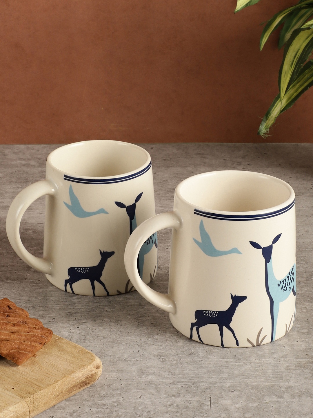 

MIAH Decor Cream-Coloured & Blue 2 Pieces Printed Ceramic Matte Mugs-350ml Each