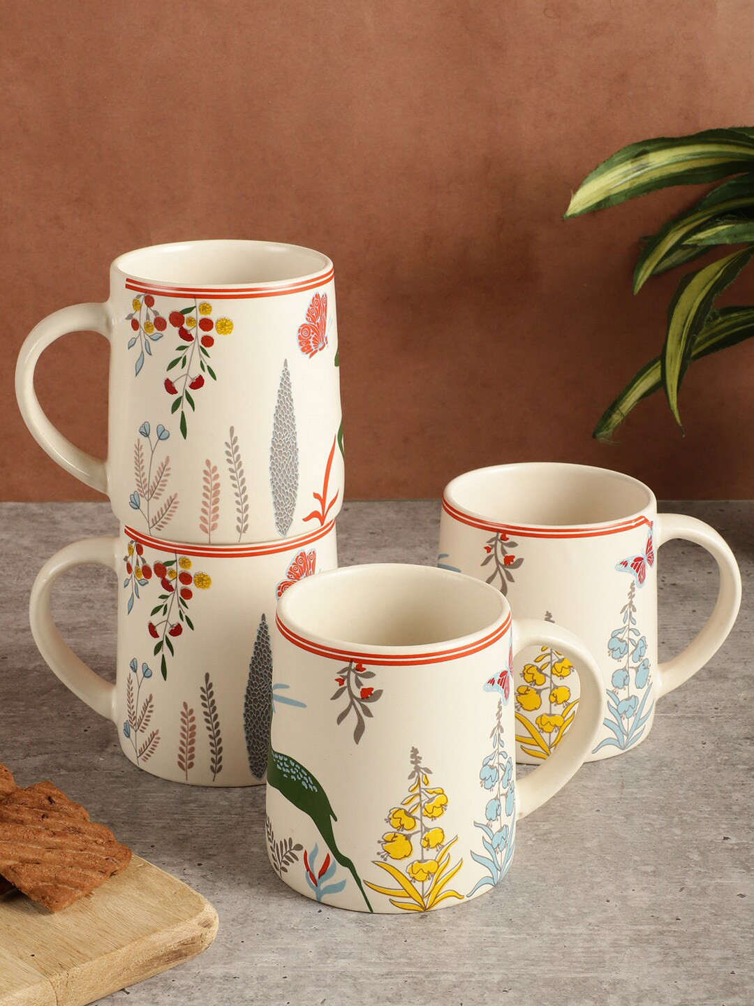 

MIAH Decor The Gaia Collection 4 Pcs Beige & Red Printed Ceramic Matte Mugs - 300 ML Each