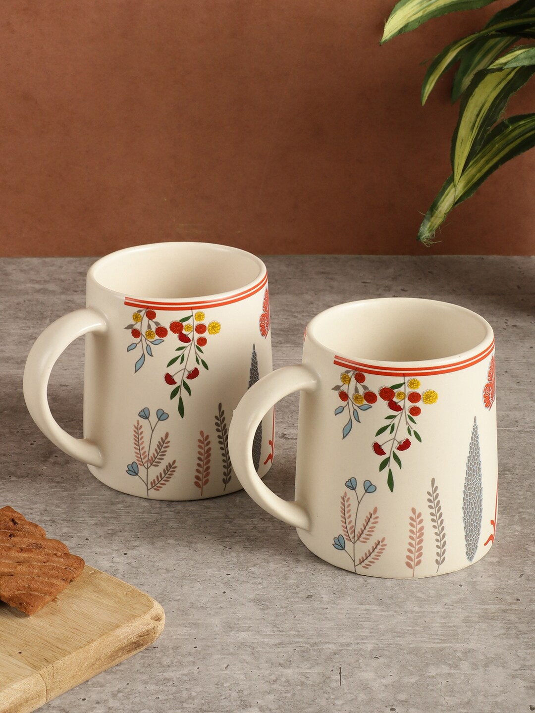 

MIAH Decor White & Red 2 Pieces Floral Printed Ceramic Matte Mugs-300ml Each