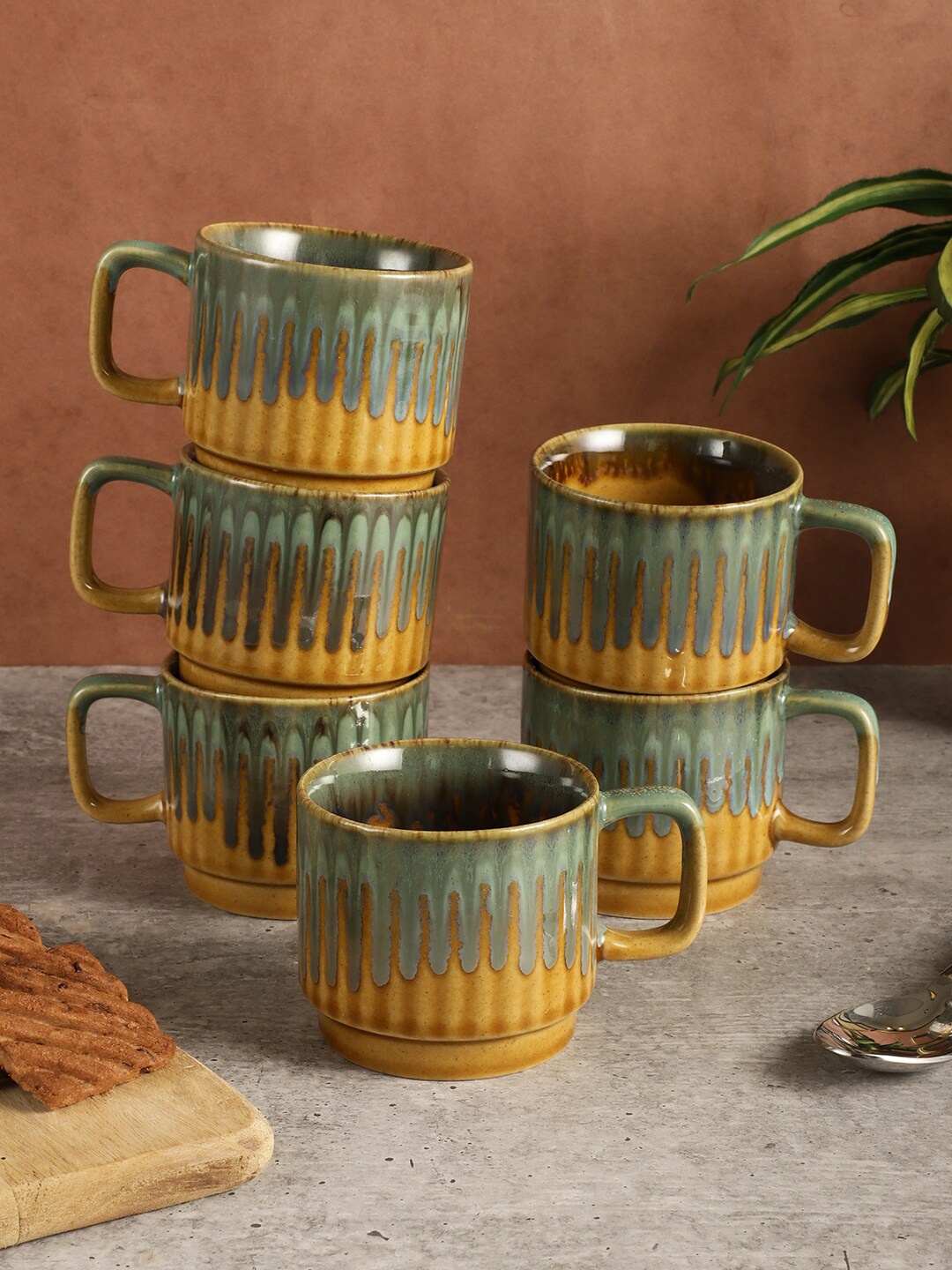 

MIAH Decor Green & Yellow 6 Pieces Textured Ceramic Glossy Cups - 200 ml