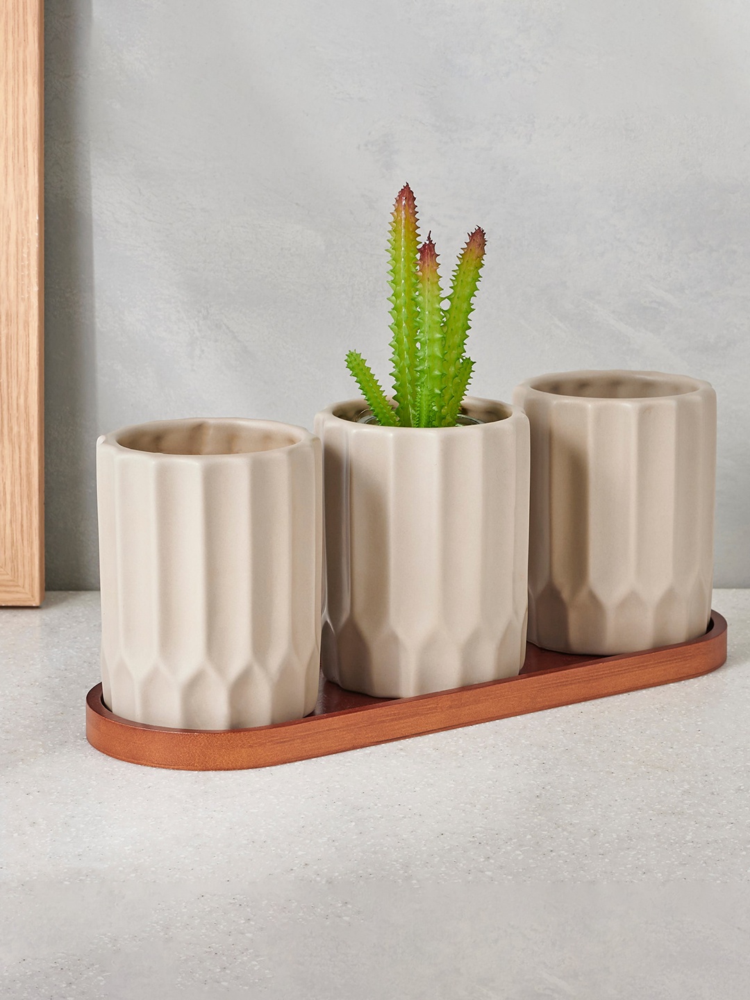 

Home Centre Gloria 3-Pcs Grey Ceramic Planters with Tray