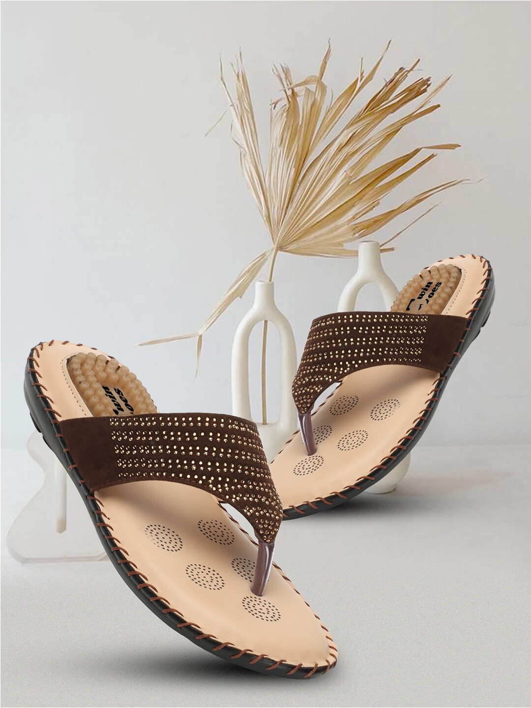 

TWIN TOES Doctor Sole Embellished T-Strap Flats, Brown