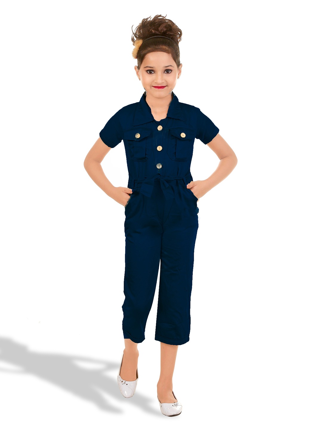 

BAESD Girls Shirt Collar Waist Tie-Up Cotton Basic Jumpsuit, Navy blue