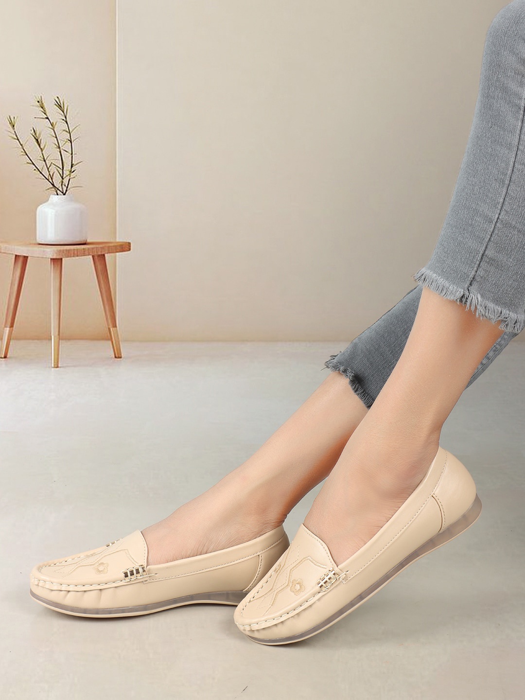 

ELLE Embroidered Loafers Shoes, Cream