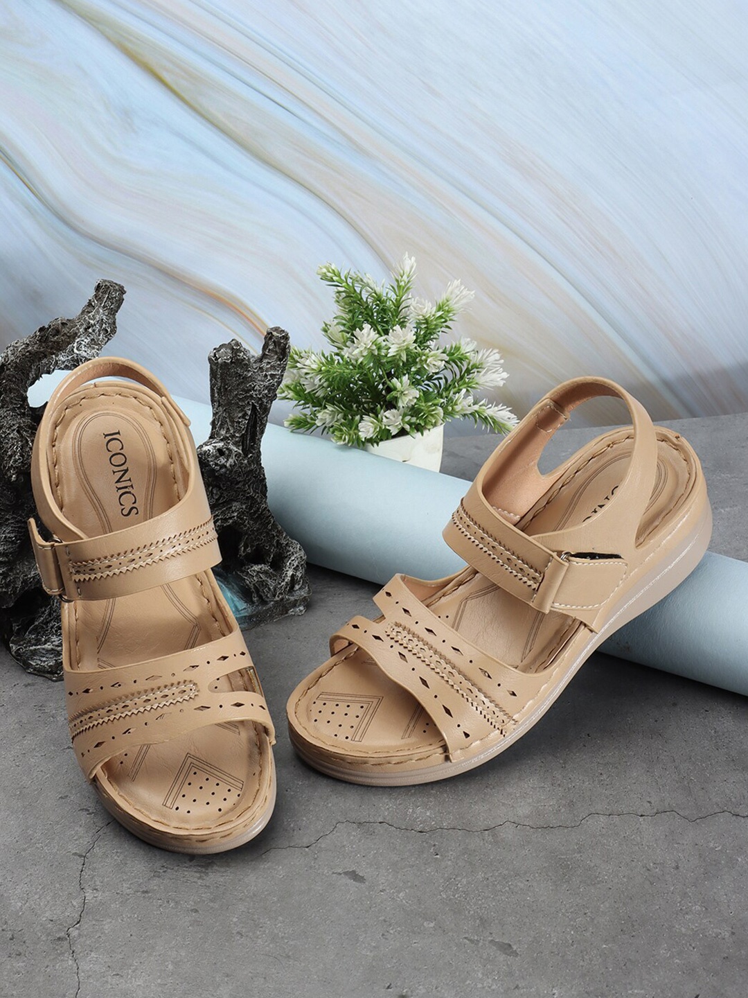 

ICONICS Comfort Heels with Laser Cut Detail, Beige