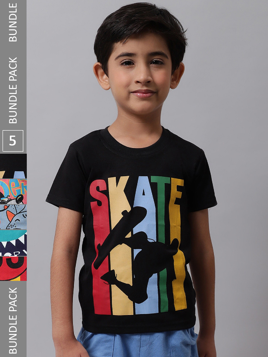 

BAESD Boys Pack Of 5 Graphic Printed Knitted Cotton T-Shirts, Black