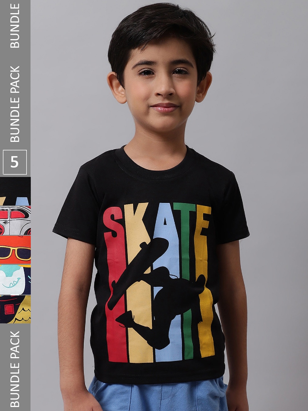 

BAESD Boys Pack Of 5 Graphic Printed Cotton Regular T-Shirts, Black