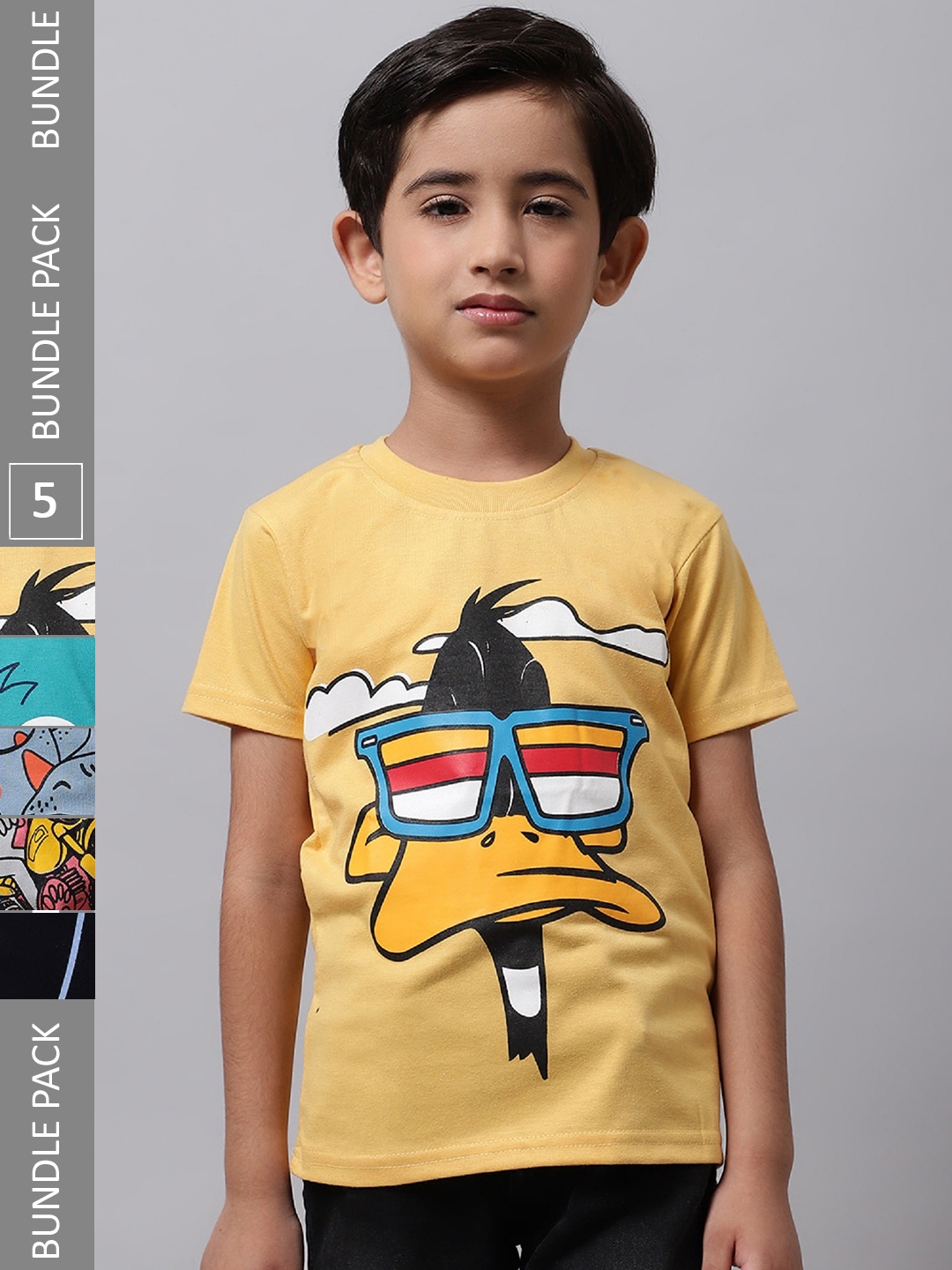 

BAESD Boys Pack Of 5 Graphic Printed Pure Cotton T-shirt, Yellow