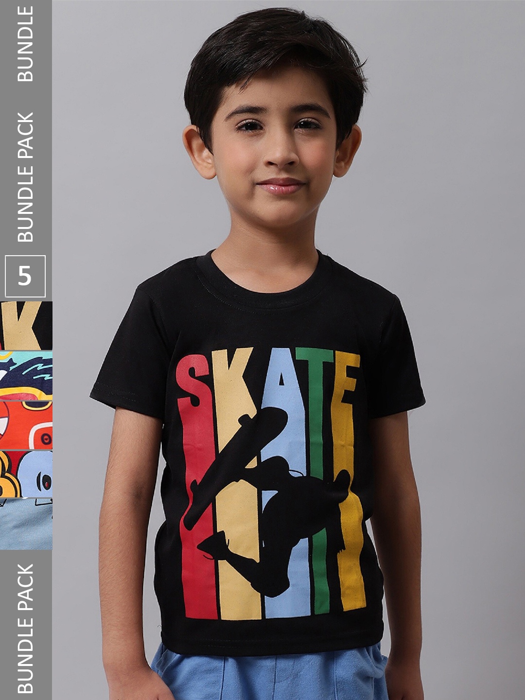 

BAESD Boys Pack Of 5 Printed Cotton T-shirts, Black
