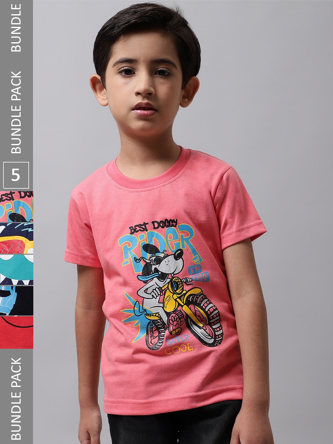 

BAESD Boys Pack Of 5 Graphic Printed Cotton T-shirts, Pink