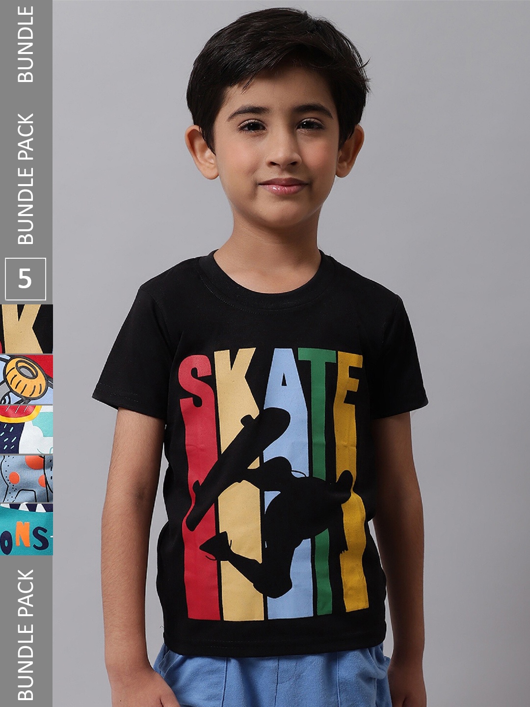 

BAESD Boys Pack Of 5 Printed Cotton T-shirt, Black