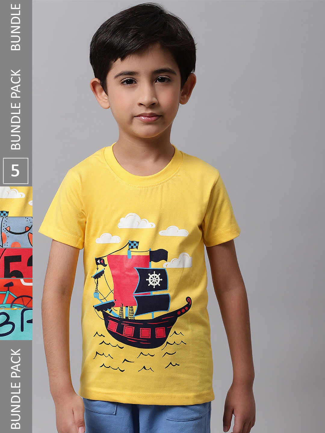 

BAESD Boys Pack Of 5 Graphic Printed Cotton T-shirt, Yellow