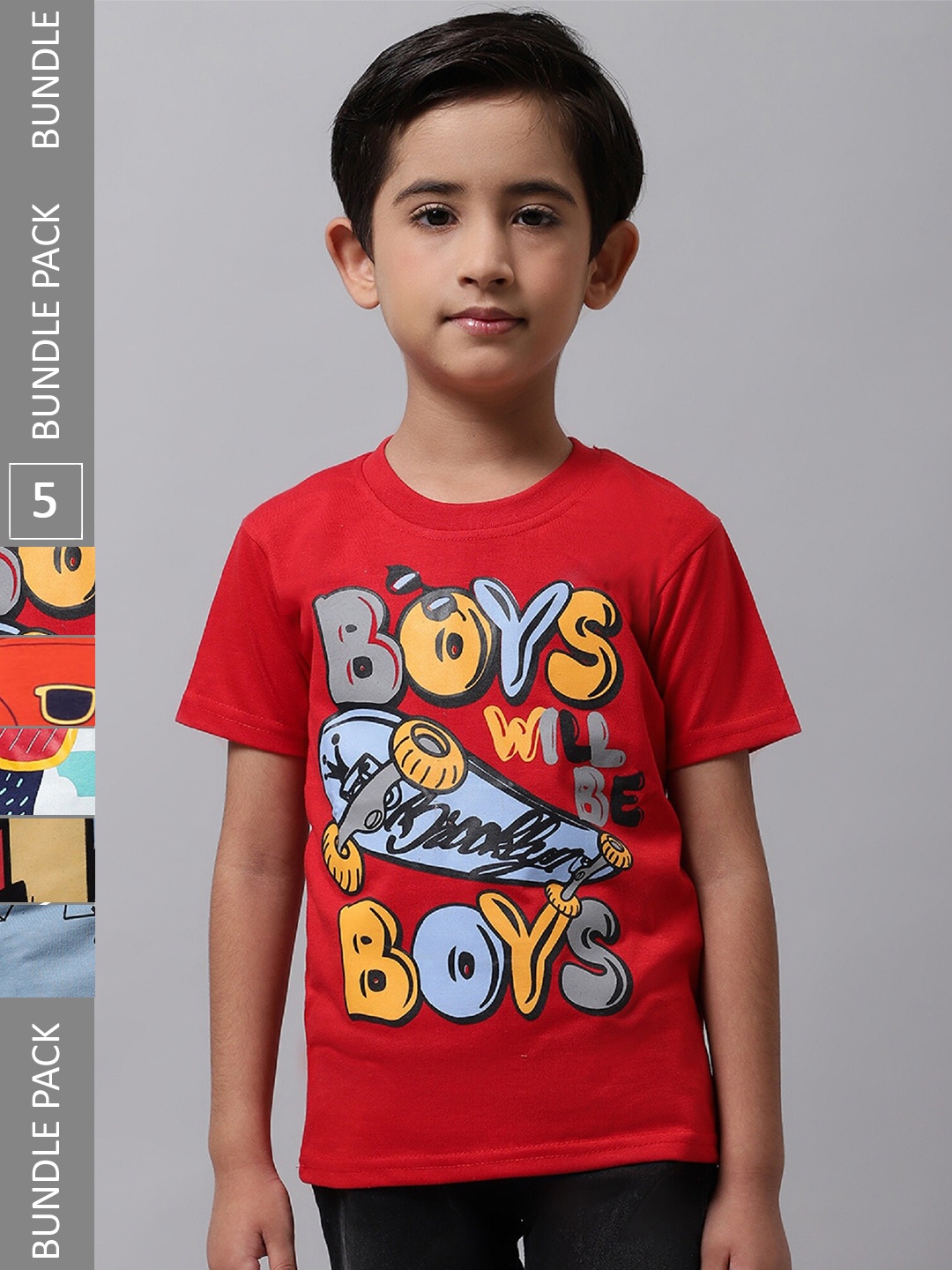 

BAESD Boys Pack Of 5 Typography Printed Cotton T-shirt, Red
