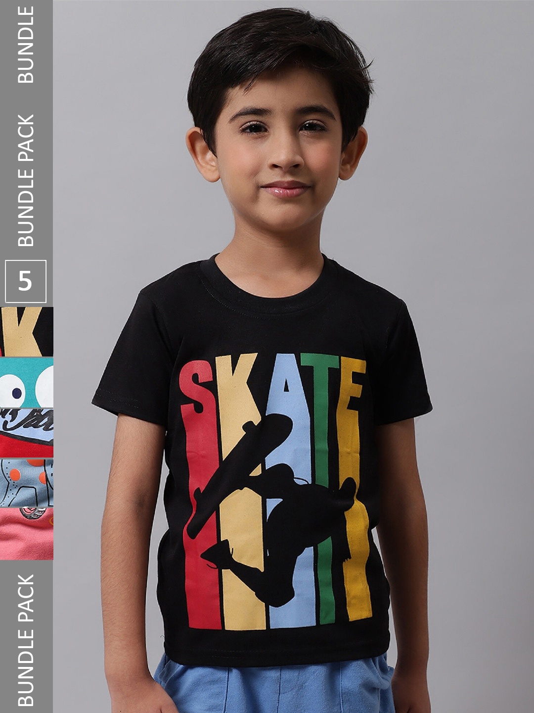 

BAESD Boys Pack Of 5 Graphic Printed Cotton T-shirt, Black