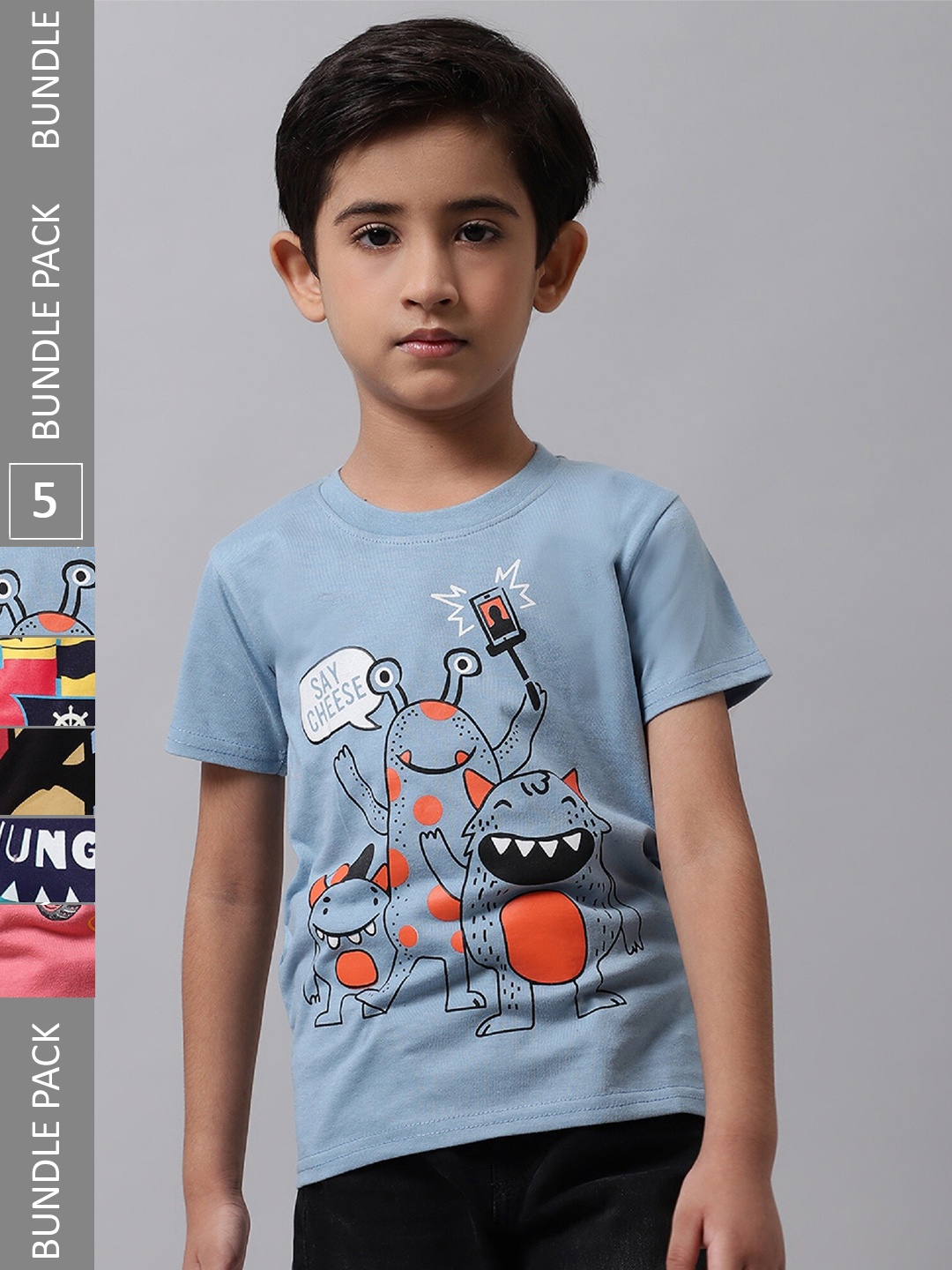

BAESD Boys Pack Of 5 Conversational Printed Cotton T-shirt, Grey