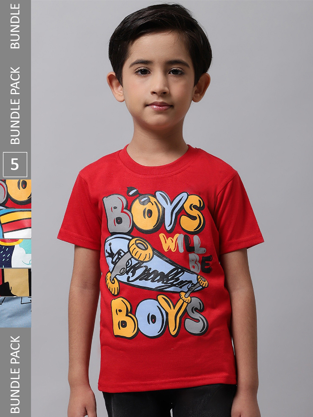 

BAESD Boys Pack Of 5 Graphic Printed Pure Cotton T-shirt, Red