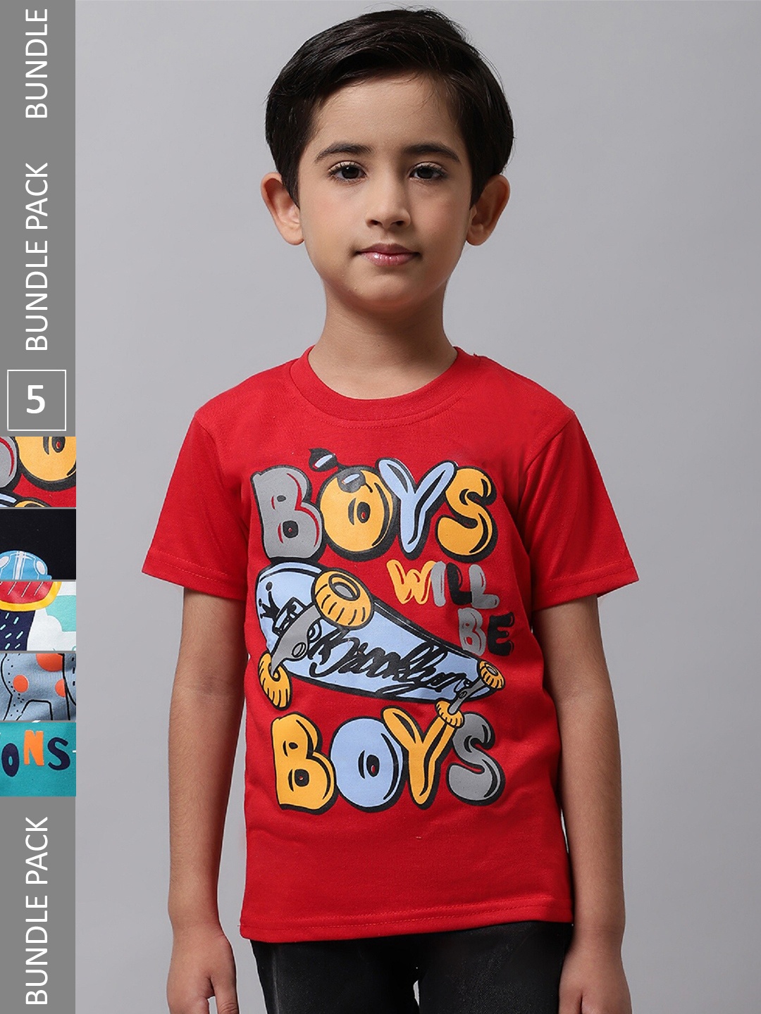 

BAESD Boys Pack Of 5 Printed Cotton T-shirt, Red