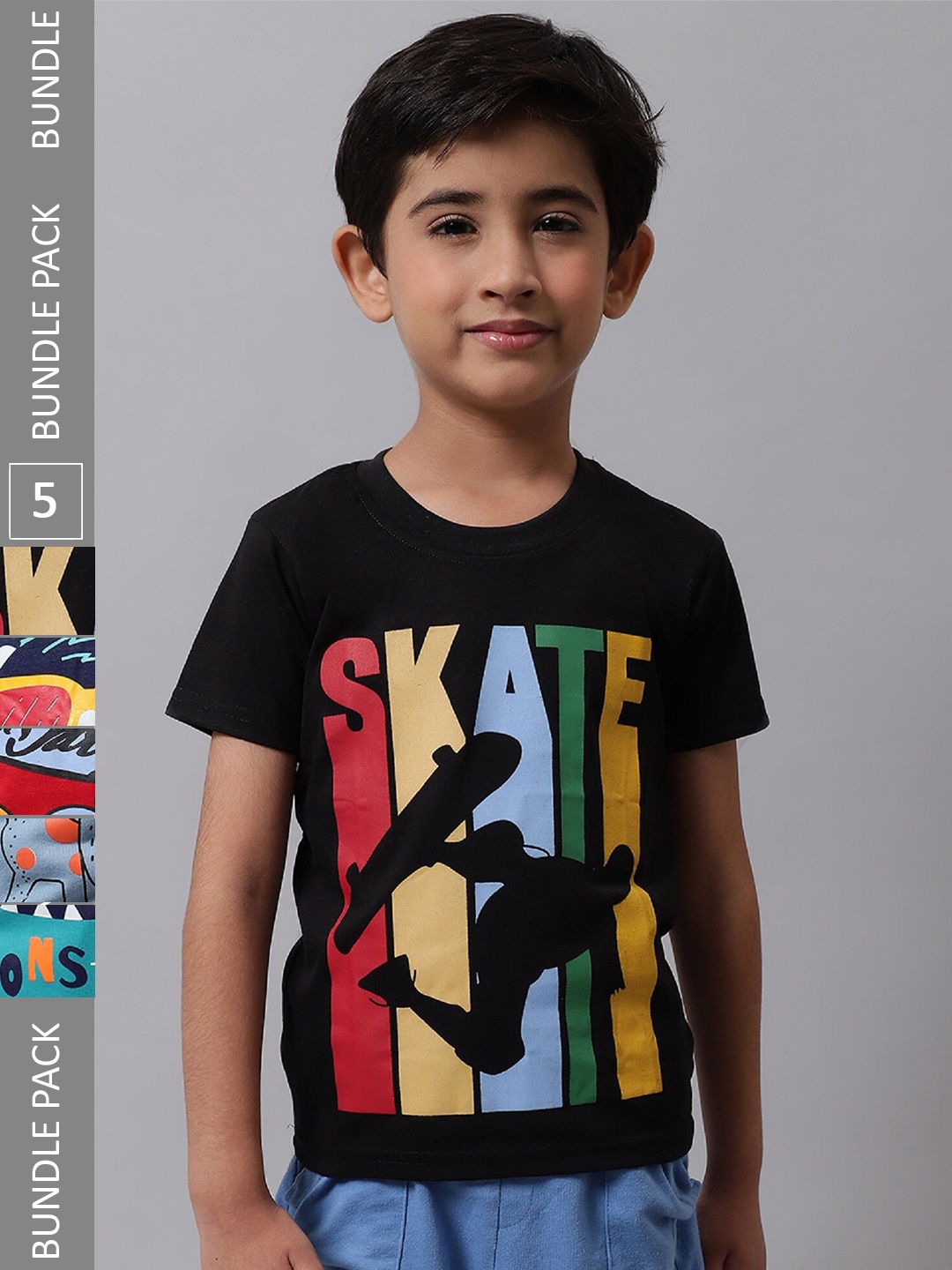 

BAESD Boys Pack Of 5 Graphic Printed Cotton T-shirts, Black