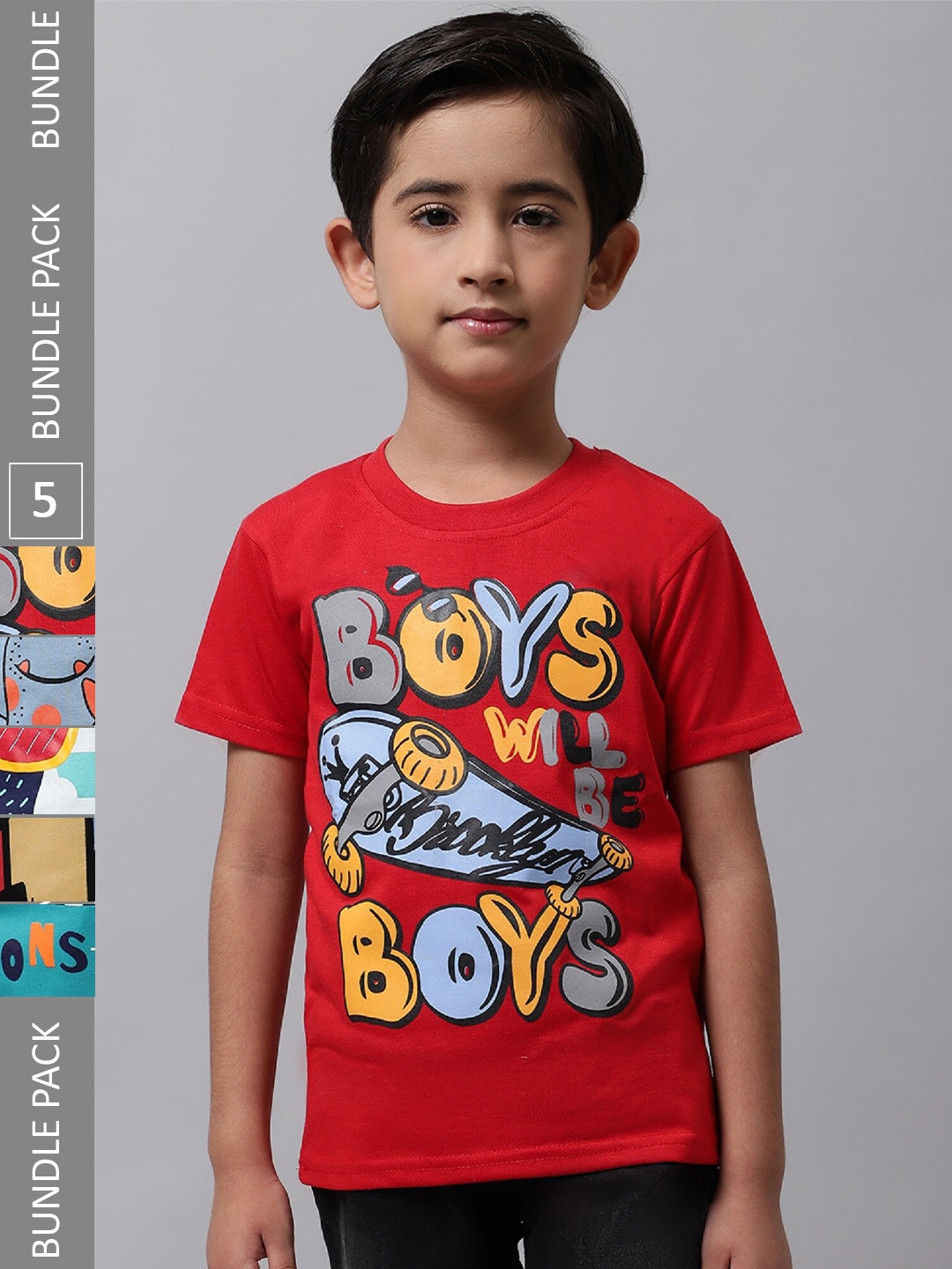 

BAESD Boys Pack Of 5 Typography Printed Regular Fit Cotton Tshirt, Red