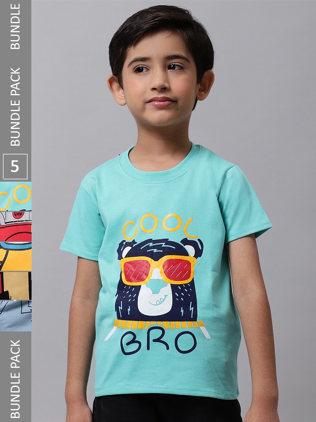

BAESD Boys Pack Of 5 Printed Cotton T-Shirt, Turquoise blue