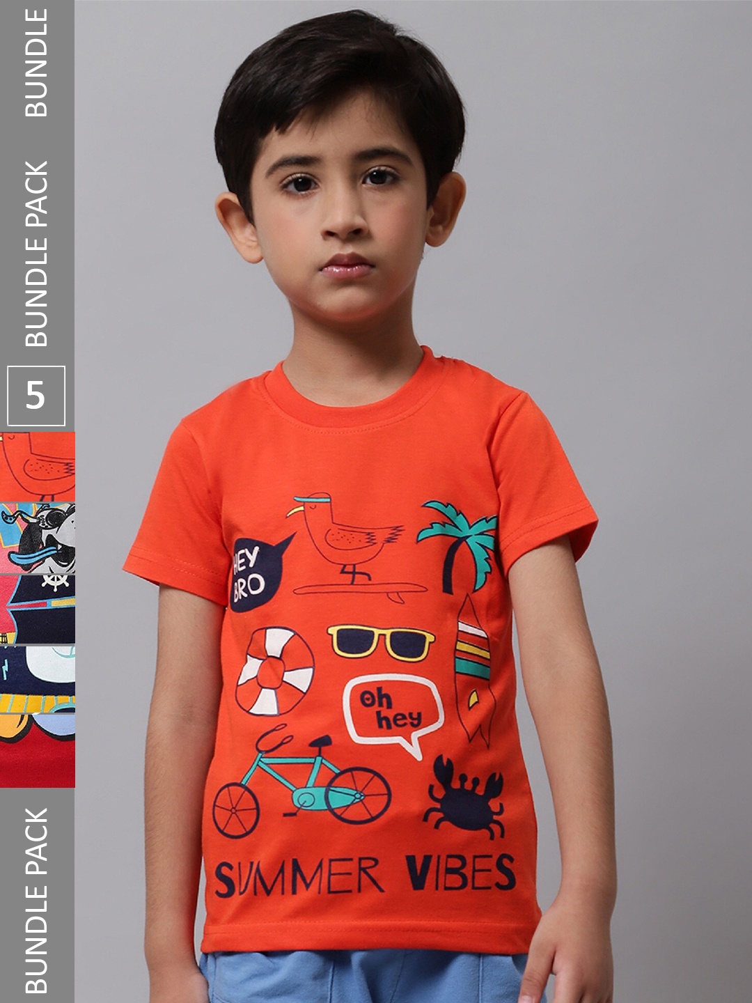 

BAESD Boys Pack Of 5 Graphic Printed Cotton T-shirt, Orange