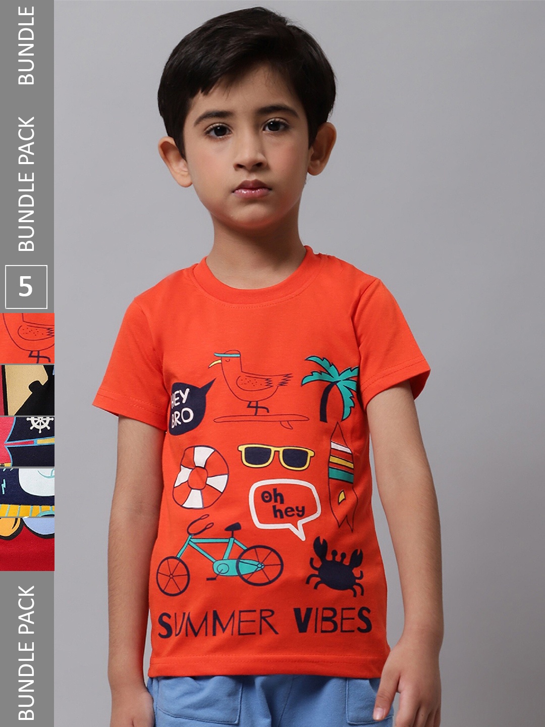 

BAESD Boys Pack Of 5 Graphic Printed Round Neck Cotton T-shirt, Orange