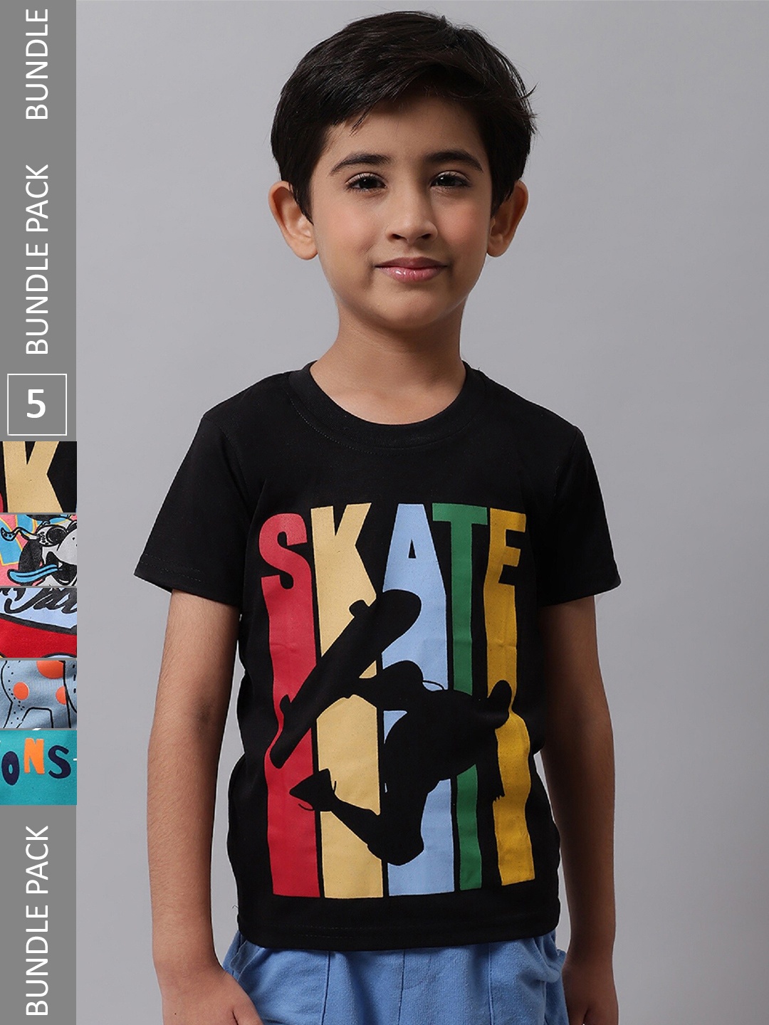 

BAESD Boys Pack Of 5 Graphic Printed Cotton T-Shirts, Black
