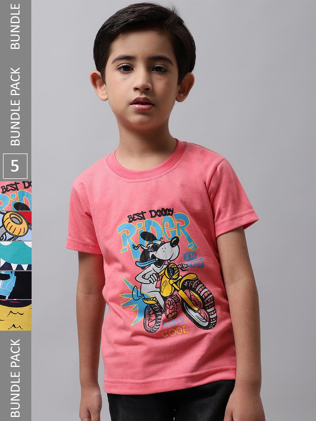 

BAESD Boys Pack Of 5 Graphic Printed Cotton T-shirt, Pink