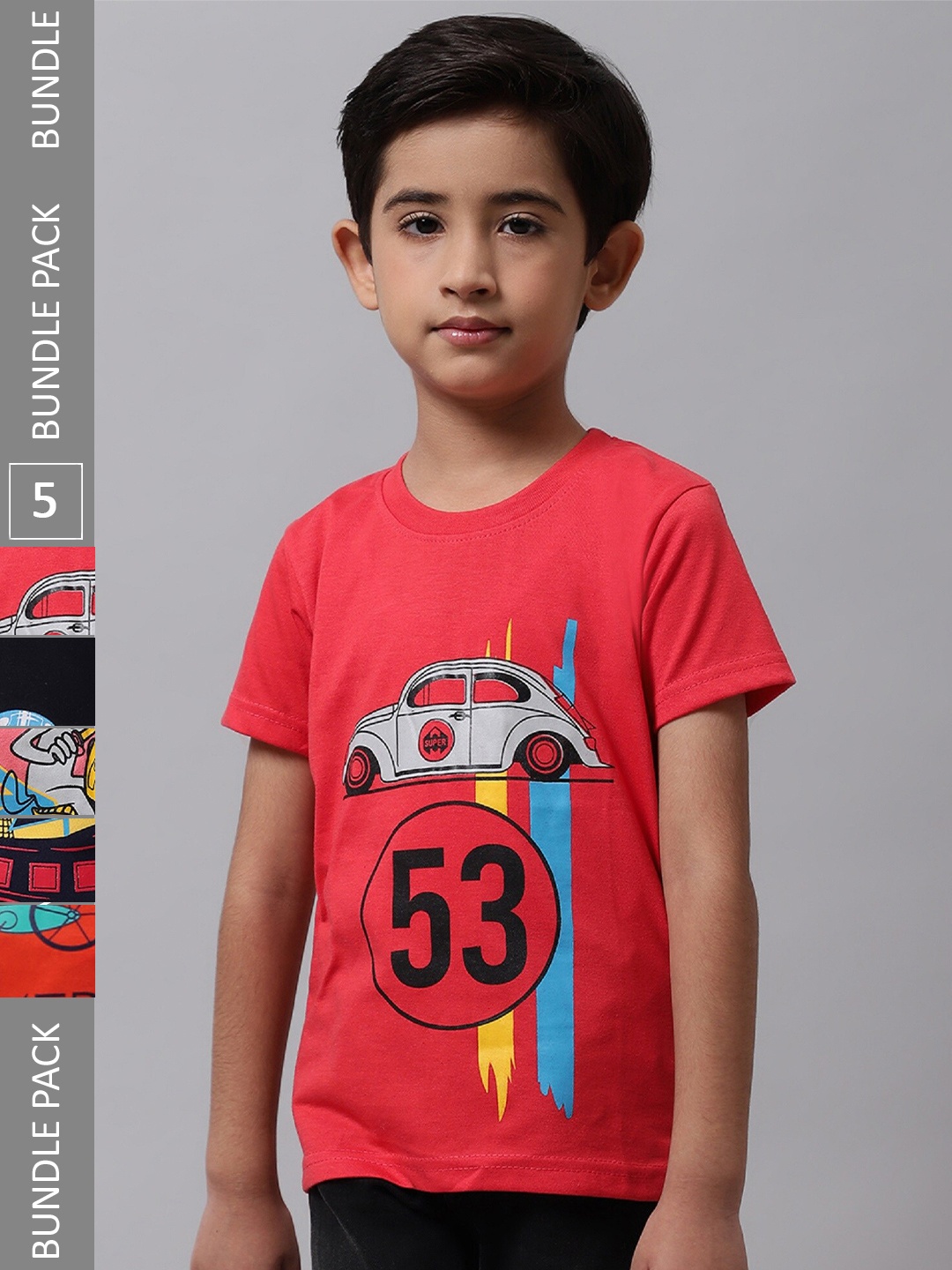 

BAESD Boys Pack of 5 Graphic Printed Cotton T-shirt, Red