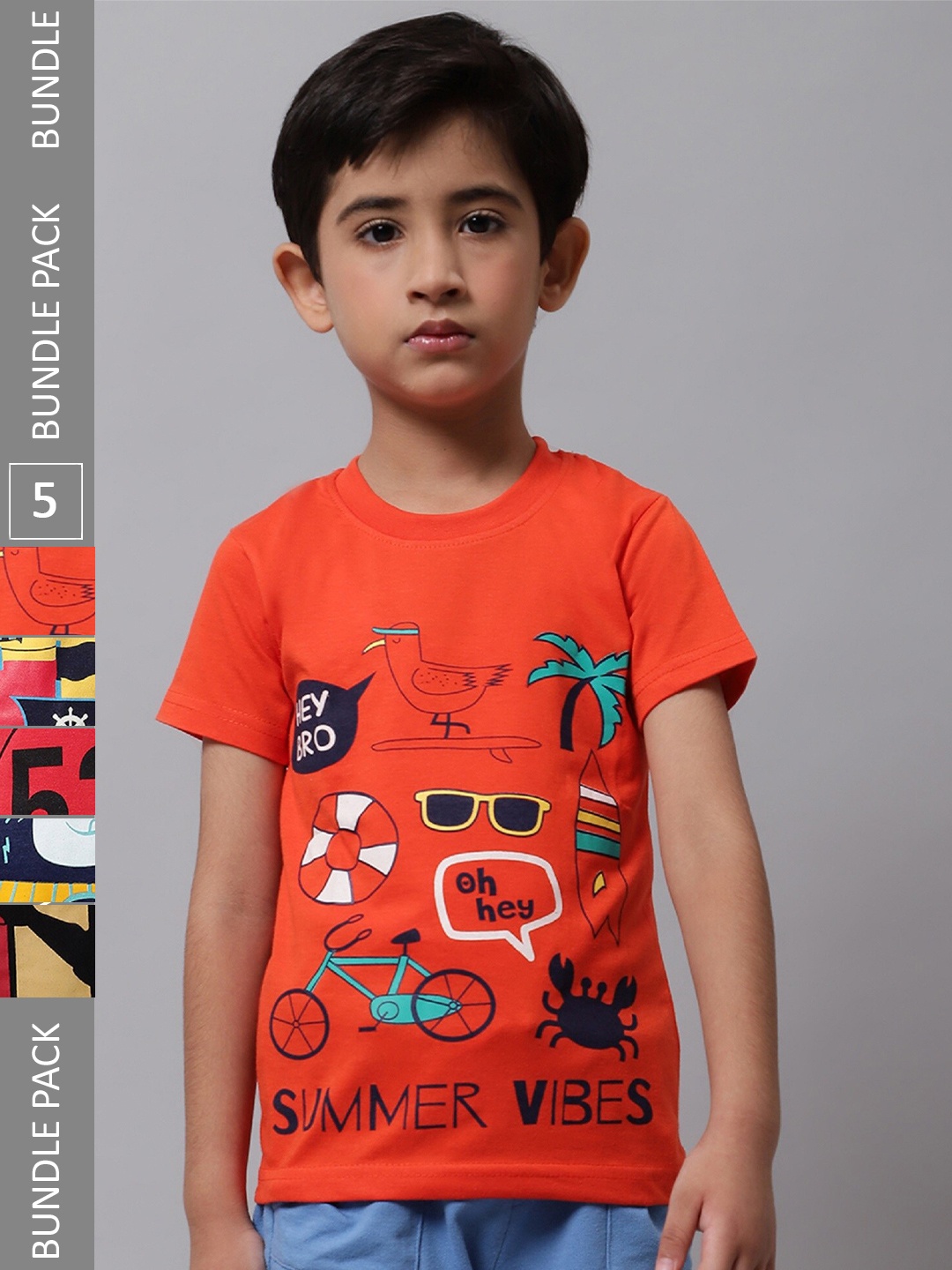 

BAESD Boys Pack Of 5 Graphic Printed Cotton T-shirt, Orange